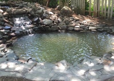 Waterscaped pond with a mini waterfall in a backyard